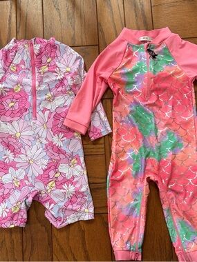 Girls Pink Floral & Coral Mermaid Rash Guard Swimsuits - 2-Pack